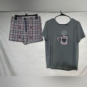 Life Is Good Gray Pajama Set with Heart and Coffee Cup Design